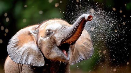 Naklejka premium Baby elephant playfully spraying water, jungle background, wildlife conservation