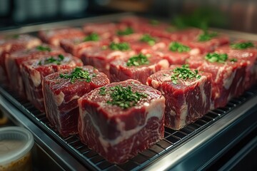 fresh meat arranged artistically in modern steel commercial refrigerator dramatic lighting highlighting marbling patterns and rich red tones