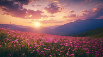 Obraz premium Captivating sunset over wildflower valley serene landscape nature scene tranquil environment scenic viewpoint picturesque summer ambience. Serene Valley. Illustration