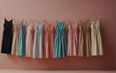 Fashion skirts and dress hanging on a rope clipped with pegs. On trendy pastel pink background. Expensive trendy clothes funny idea. Minimal abstract fashion concept.