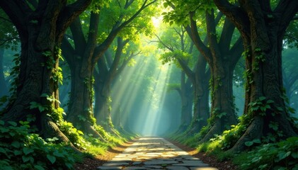 Fototapeta premium Vines entwined stone pillars forest canopy above filtered light, stone textures, forest canopy