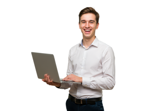 A young man with short brown hair, wearing a white shirt and dark trousers, holding a laptop and smiling brightly isolated on transparent background
