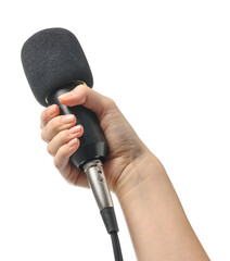 Woman with microphone on white background, closeup