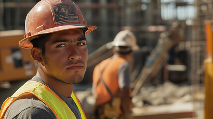 Fototapeta premium Hispanic construction worker with safety vest and hardhat on a construction site, face visible, other workers in background, heavy equipment in background. Safety at work, latin construction engineer.
