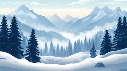 Obraz premium Serene winter valley nestled between foggy peaks. Serene Valley. Illustration