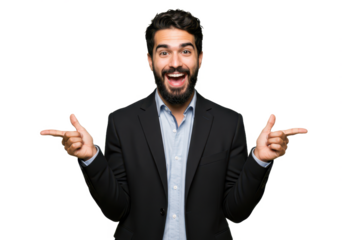 A confident man with dark hair and a beard, wearing a black blazer and a light blue shirt, pointing in two directions with both hands isolated on transparent background