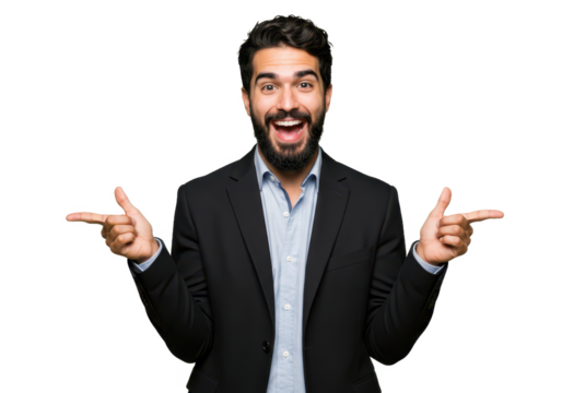 A confident man with dark hair and a beard, wearing a black blazer and a light blue shirt, pointing in two directions with both hands isolated on transparent background