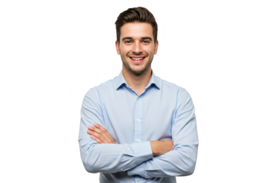 A professional young man with neatly styled hair, wearing a light blue shirt, standing with arms crossed and smiling warmly isolated on transparent background - Powered by Adobe