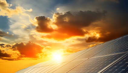 Obraz premium solar panels on a roof with a blue sky and sunlight during sunset