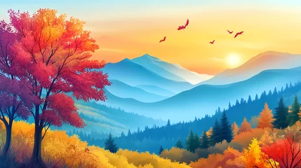 Fotobehang Vibrant autumn landscape featuring colorful trees and serene mountains at sunrise. Serene Valley. Illustration © Thiago