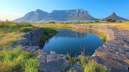 Naklejka premium Table Mountain and Lion Head reflected in a tranquil Cape Town waterway