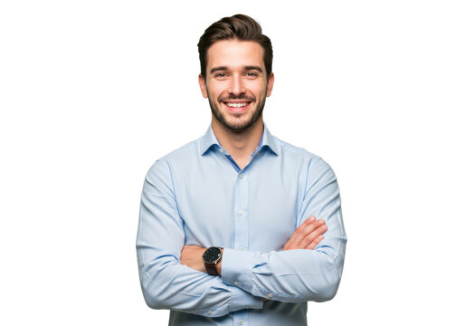 A professional young man with neatly styled hair, wearing a light blue shirt, standing with arms crossed and smiling warmly isolated on transparent background