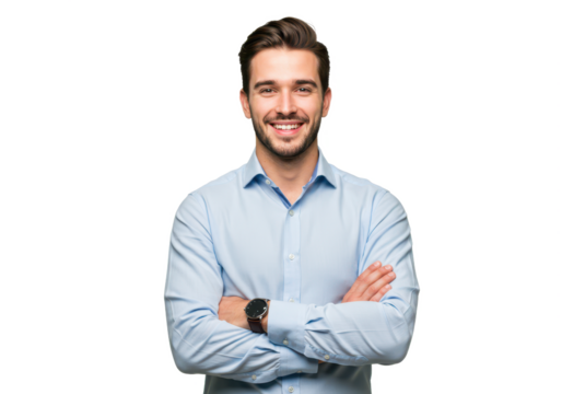 A professional young man with neatly styled hair, wearing a light blue shirt, standing with arms crossed and smiling warmly isolated on transparent background