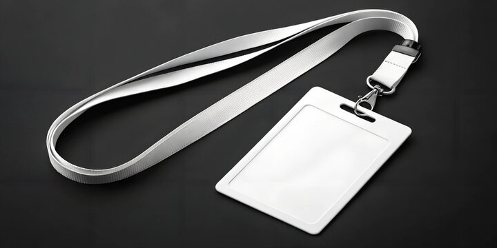 Blank white badge mockup on a sleek black background with a durable white lanyard. Perfect for modern event passes, professional IDs, or corporate branding projects.