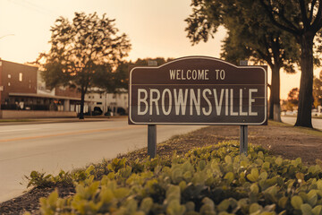 Wooden Welcome to Brownsville Sign with Rustic Charm in Texas, USA - Vintage Style City Entrance Marker in Natural Brown Tones