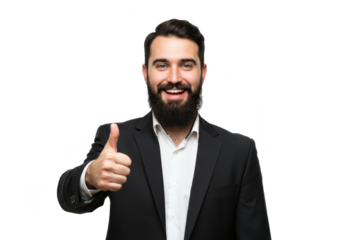 A confident man with a beard, wearing a black suit and white shirt, giving a thumbs-up gesture while smiling isolated on transparent background
