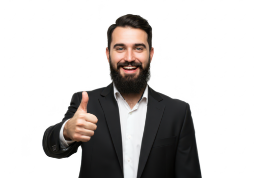 A confident man with a beard, wearing a black suit and white shirt, giving a thumbs-up gesture while smiling isolated on transparent background