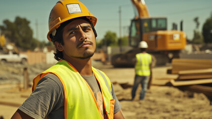 Fototapeta premium Hispanic construction worker with safety vest and hardhat on a construction site, face visible, other workers in background, heavy equipment in background. Safety at work, latin construction engineer.