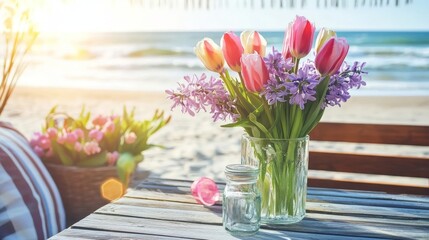 Obraz premium Nature's beauty shines through in a joyful spring bouquet of yellow tulips and purple hyacinths, with a serene ocean view