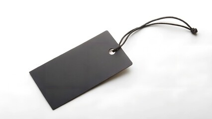 Simple black paper hang tag mockup with a string on a clean white background. Ideal for presenting custom branding designs, product labels, or minimalist style.