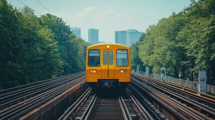 Fototapeta premium Yellow Subway Train Approaching City Skyline