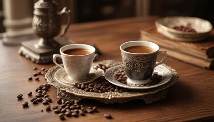 Fototapeta premium A stack of freshly ground coffee beans on an ornate antique table with a delicate espresso coffee cup placed in the center, coffee bean, distressed finish, ceramic