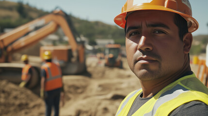 Fototapeta premium Hispanic construction worker with safety vest and hardhat on a construction site, face visible, other workers in background, heavy equipment in background. Safety at work, latin construction engineer.