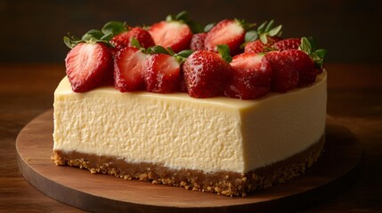 Delicious cheesecake with fresh strawberries topping on wooden table