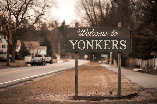Rustic Wooden Sign Welcoming Visitors to Yonkers New York with Vintage Charm and Natural Texture