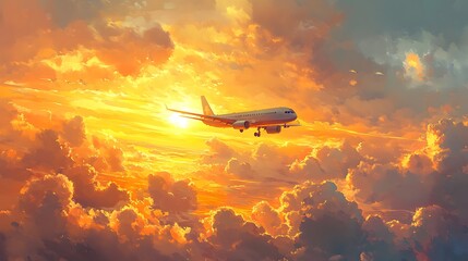 Serene sunset scene with an airplane amidst hues of golden clouds
