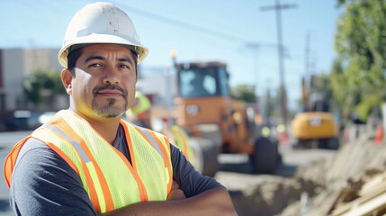 Fototapeta premium Hispanic construction worker with safety vest and hardhat on a construction site, face visible, other workers in background, heavy equipment in background. Safety at work, latin construction engineer.