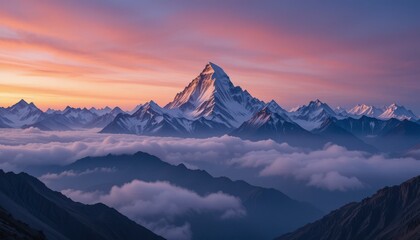 Sunrise paints the alpine peaks of the snow-capped Himalayas with a vibrant glow, creating a breathtaking panorama of nature's grandeur