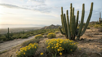 A stunning landscape featuring a cluster of tall cacti with vibrant yellow flowers in the foreground, plant stack, natural beauty, cactus blooms