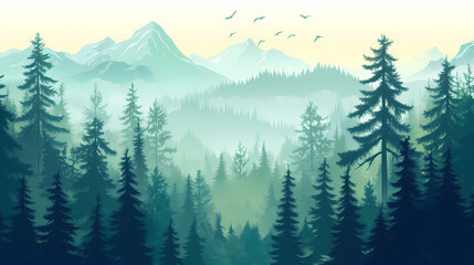 Fototapeta premium A dense forest shrouded in mist, with tall evergreen trees and a mountain range in the distance. Serene Valley. Illustration