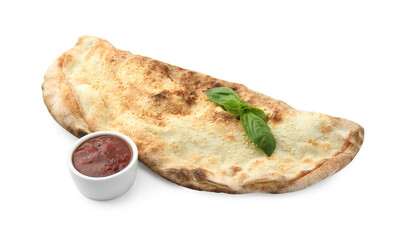 Delicious calzone with fresh basil and ketchup isolated on white