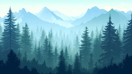 Fototapeta premium A dense forest shrouded in mist, with tall evergreen trees and a mountain range in the distance. Serene Valley. Illustration