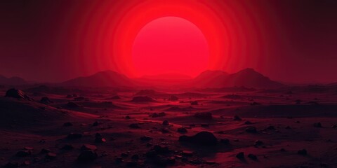 A surreal landscape of dark red and black terrain with a glowing neon red sky, creating an eerie and foreboding atmosphere, sky, surreal