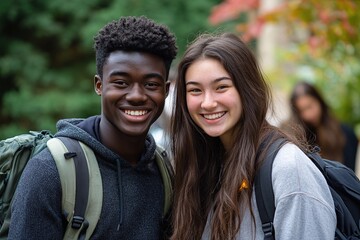 Fototapeta premium Portrait of multicultural college students near university building