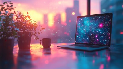 Futuristic Office Desk with Digital Elements and Cool Ice Text Design for Productivity and Style