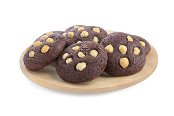 Tasty chocolate cookies with hazelnuts isolated on white