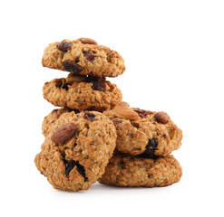 Delicious oatmeal cookies with dried cranberries and nuts isolated on white