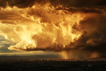 A dramatic sunset illuminates a massive storm cloud above a city skyline, rain pouring down.