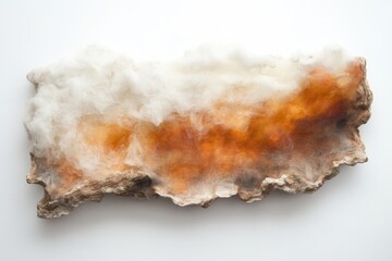 Fototapeta premium Abstract art piece featuring a textured wood base with white and orange resin, resembling a landscape.