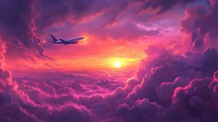 Tranquil sunset with an airplane passing through a sea of glowing clouds