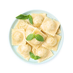 Delicious ravioli with cheese and basil isolated on white, top view