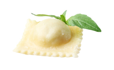 One delicious ravioli with cheese and basil isolated on white