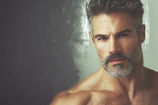 Fabulous at any age. Portrait of charismatic muscular 50 years old man standing over gray background. Perfect haircut and body. Close-up. Text space. Banner. Indoor shot