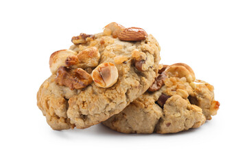 Tasty cookies with nuts isolated on white