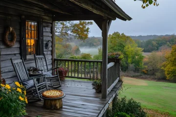 Fotobehang Apple pie cooling on porch of cozy log cabin overlooking autumn landscape © Lubos Chlubny