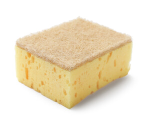 One yellow sponge isolated on white. Cleaning tool